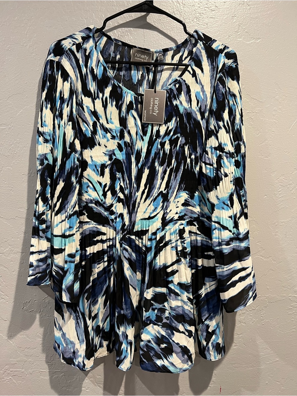 Ninety Blue, Black & White Long Sleeve Pleated Women’s Dress